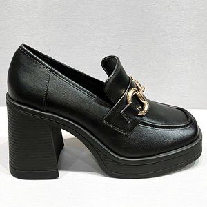 New Black Gold Chain Platform Chunky Heel Penny Loafers